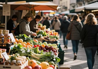 A bustling, vibrant modern food market in a European city, featuring stalls of fresh organic produce and artisanal goods under warm sunlight.