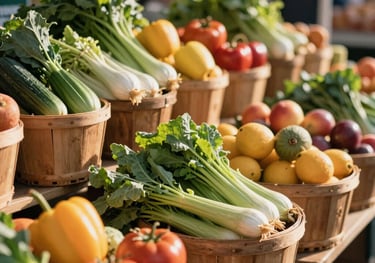 A vibrant North American / European farmers market stall, overflowing with a colorful abundance of fresh, organic vegetables and fruits. The produce is artfully arranged in rustic wooden baskets and crates. Soft, warm natural sunlight illuminates the scene, highlighting the rich textures and natural colors of the food. The atmosphere is inviting and authentic, captured with a shallow depth of field in a professional, warm, and premium photography style.