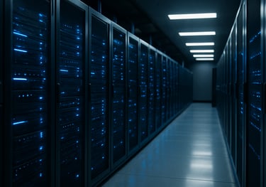 An image of a sleek server room or high-tech data center with glowing blue lights, symbolizing secure, verified data processing. Professional and clean composition.