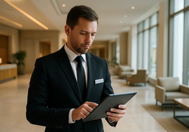 A professional hotel manager checking a tablet in a bright, contemporary resort lobby. Clean lines, bright lighting, North American / International.
