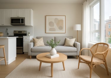 An interior shot of a beautifully staged Airbnb apartment, highlighting cleanliness and professional management. Bright daylight, North American / International decor.