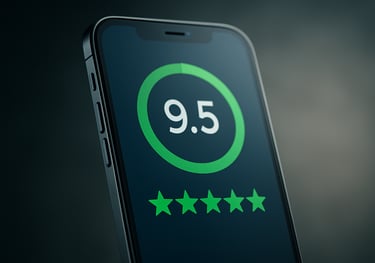 An image of a stylized professional rating interface, showing a high trust score on a clean mobile screen. Professional photography of a tech-forward solution.