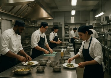 A busy, well-organized restaurant kitchen with a diverse team of chefs working efficiently. Clean, industrial lighting. North American / International setting.