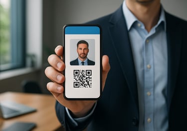 A professional holding a clean, digital credential badge on a mobile device in a modern workspace. Sharp focus, professional lighting, North American / International setting.
