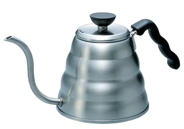 Stainless steel gooseneck kettle with ergonomic handle for pour over coffee brewing.