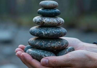 Close-up photography of a person's hands holding a stack of smooth river stones, soft focus North American forest background, slate blue and amber lighting.
