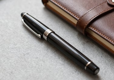 Close-up photography of an open fountain pen and a leather notebook on a light slate gray surface, North American interior setting.