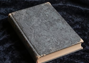 Photography of an aged hardcover book resting on a dark navy velvet cloth, North American study setting, moody slate gray lighting.