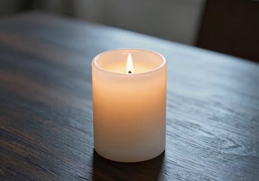 Professional photography of a single glowing candle on a dark wood table, North American home setting, soft slate blue shadows.