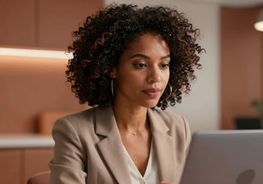 A close-up shot of a professional Afro-Latin American woman entrepreneur in a modern, sophisticated office with warm terracotta accents, looking confidently at a laptop.