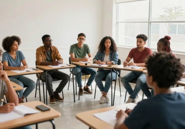 A group of activists in a bright Afro-Latin American classroom setting, participating in a workshop about human rights and racial justice.