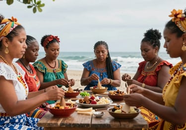 A woman-led cultural tourism group in a coastal Afro-Latin American community, engaging in a traditional craft or culinary experience.