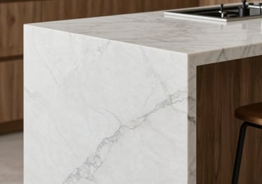 Close-up view of a minimalist kitchen island made of solid white marble with gray veins, in a modern Mexican home with sleek wooden details.