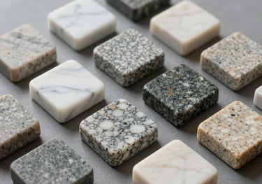 Artistic photography of different stone samples (marble, granite, limestone) arranged elegantly on a neutral gray surface, highlighting diversity in textures.