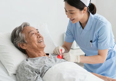 a person in a hospital bed holding a device