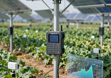 Smart agrivoltaics monitoring system with sensors and data dashboard in a solar-powered farm field.