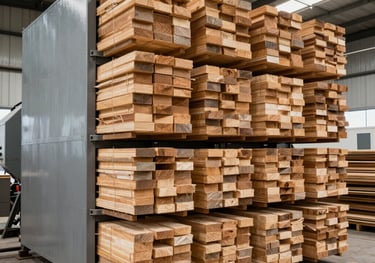 Stacks of natural pine lumber drying in a large industrial kiln for woodworking and construction.