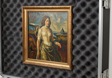Framed oil painting of a woman secured in a protective foam-lined art transit flight case.
