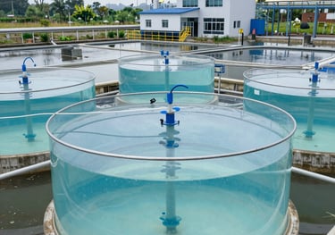 Industrial wastewater treatment facility featuring large circular clarification tanks with blue filtration systems.