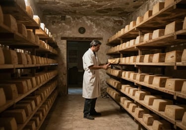 A professional cheesemaker inspecting aging artisanal cheese wheels on wooden shelves in a cellar.
