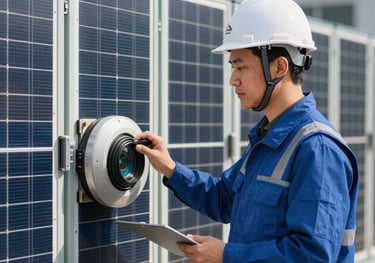 Professional photography of a technical engineer in a white hard hat and blue vest standing in front of a bank of solar inverters, East Asian / International Business setting, bright midday sun.