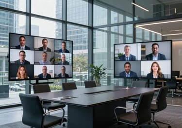 Photography of an elegant glass-walled conference room in an international business hub, showing a high-tech video conferencing setup and minimalist furniture, blue and slate color palette.