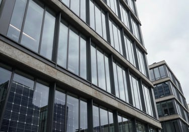 Wide-angle photography of a contemporary office building in a European business district featuring large solar glass windows, soft overcast lighting, professional aesthetic.