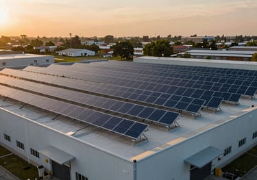 Photography of a large-scale commercial solar installation on the roof of a logistics center in a North American suburban setting, sunset lighting with warm amber tones.