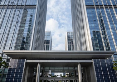Photography of the grand entrance of a modern technology park in Shenzhen, sleek architecture with integrated solar facades, East Asian / International Business, clean and authoritative style.