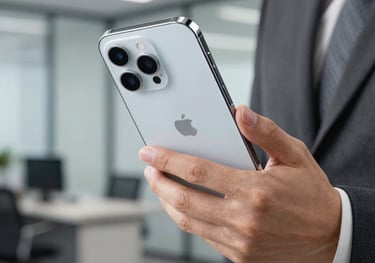 Close-up photography of a professional business person's hand holding a high-end smartphone with a modern corporate office background, East Asian / International Business, focus on sleek glass and metal materials.