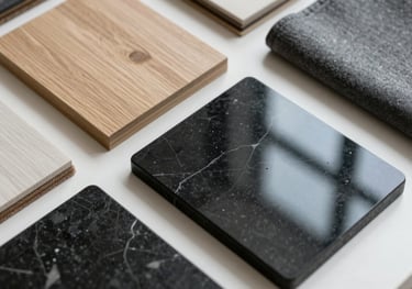 Top-down shot of high-end design samples: white oak, black stone, and gray fabrics on a white surface, reflecting Miami interior design trends.