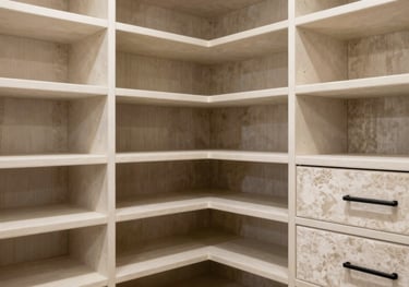A luxurious custom walk-in closet in a North American / Miamian home featuring ivory shelving, soft velvet accents, and refined black metal hardware.