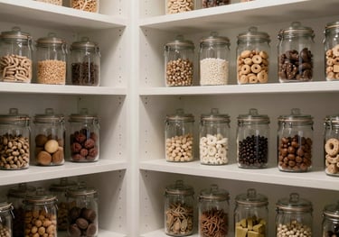 An organized pantry system with clean lines, white shelving, and high-end glass storage jars in a North American / Miamian luxury home setting.