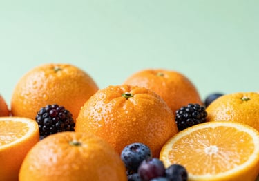 Close-up of fresh seasonal citrus fruits and berries, glistening with light moisture. The composition is vibrant and professional, emphasizing health and premium quality. Background colors lean towards #EBF3EE.