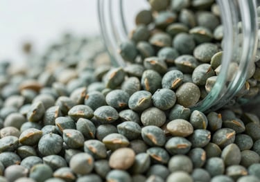 A detailed shot of high-quality organic pulses and beans being poured into a container. The focus is sharp, showcasing the uniformity and quality of the product. Colors include #8BA89D and #2D5C5A tones.