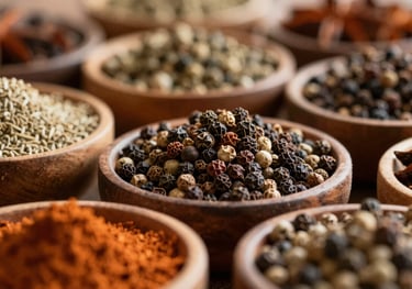 Close-up of various dried spices and peppercorns in wooden bowls. The lighting is warm and detailed, highlighting textures and deep earthy tones consistent with the #2D5C5A brand palette.