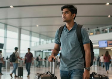 An image of a South Asian / Indian student standing with luggage at an airport, looking forward toward a modern terminal, representing their departure for medical studies.