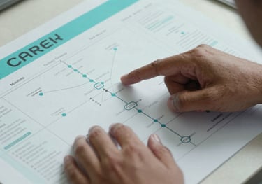 A close-up shot of a professional South Asian / Indian counselor's hands pointing at a career roadmap during a consultation, with ocean teal highlights.