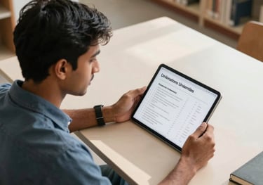 A high-angle photograph of a South Asian / Indian student reviewing a list of international universities on a tablet in a modern, sunlit library.