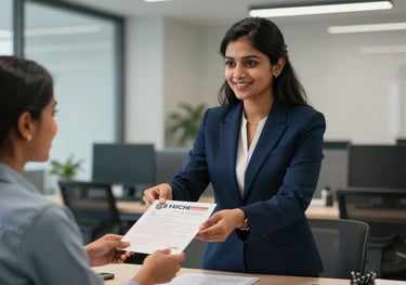 A professional South Asian / Indian woman in a deep midnight blue blazer handing over a stamped visa document to a happy student in a modern office.