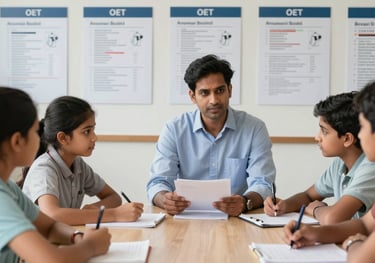 A classroom setting where a South Asian / Indian tutor is teaching a small group of students for the OET exam, with professional medical charts on the wall.