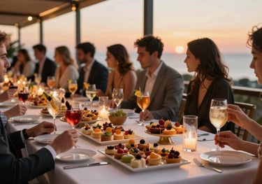 A stylish cocktail reception setting with high tables, where guests enjoy sophisticated appetizers. The lighting is warm and festive, with a view of a Portuguese sunset in the distance.