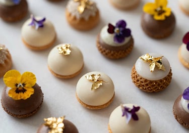 Detail shot of a dessert table featuring traditional Portuguese sweets presented with a modern twist, garnished with gold leaf and edible flowers.