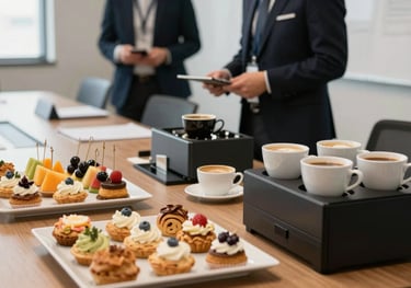 A professional coffee break setup for a corporate event, featuring mini pastries, fresh fruit skewers, and gourmet coffee service in a bright, modern conference room.
