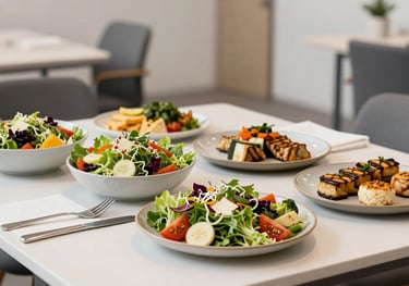 A corporate lunch spread with healthy, vibrant salads and grilled delicacies served in a minimalist, light-filled office space in Portugal.