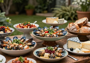 An outdoor wedding buffet in a lush garden, featuring a diverse selection of Mediterranean seafood, local Portuguese cheeses, and artisanal breads on elegant ceramic platters.