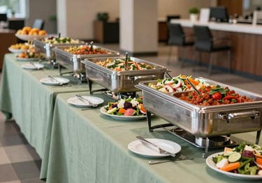A wide shot of a professional catering buffet line for a corporate event. Clean sage green linens, polished silver chafing dishes, and beautifully arranged platters of fresh Mexican salads and salsas in a modern North American / Mexican-American office lobby.