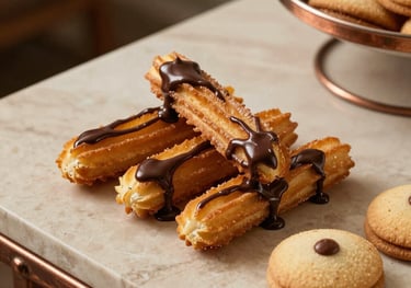 A beautiful close-up shot of a dessert spread featuring mini churros with chocolate dipping sauce and traditional Mexican wedding cookies. Arranged on a beige marble surface with copper accents in a North American / Mexican-American home.