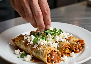 Photography of a chef's hand carefully garnishing a platter of Enchiladas Suizas with crumbled cotija cheese and fresh cilantro. Professional lighting, shallow depth of field, focused on the textures of the food in a high-end catering kitchen.