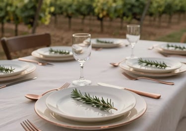 A vertical photograph of a wedding reception table setting with cream-colored plates, copper cutlery, and a small sprig of rosemary. In the background, a North American / Mexican-American vineyard setting at dusk.